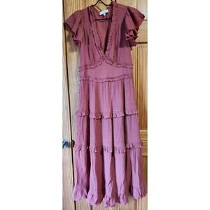 Pinch Mauve Tiered Ruffle Midi Dress Flutter Sleeve Size Large
